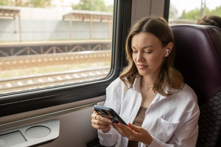 A traveler sitting on a train, engrossed in her smartphone while enjoying the view outside the...