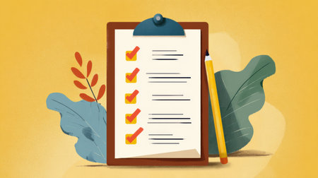A flat icon checklist illustrates key strategies for managing stress, featuring a clipboard design with checks, suitable for planning and organization.の素材