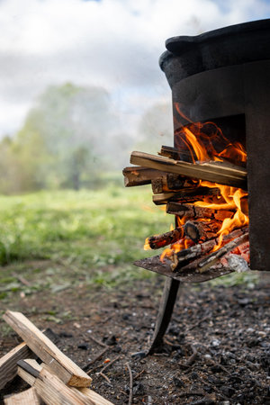 Flames dance from the wood stove, creating warmth and light amidst the green landscape on a chilly...