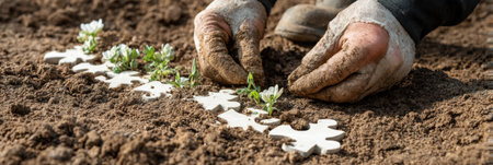 Hands gently place puzzle-shaped seeds into fertile soil while surrounded by small green sprouts, creating a visually appealing garden layout in daylight.の素材