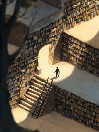 A figure climbs stairs formed from library shelves, symbolizing the metaphorical journey of reading and exploration of knowledge within a unique space.の素材