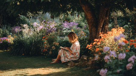 A woman sits comfortably beneath a tree, writing in a notebook while immersed in a lush garden filled with colorful blooming flowers on a sunny day.の素材