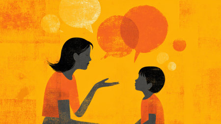A parent engages with a child about autism, using clear communication, illustrated with vibrant colors and thought bubbles to enhance understanding.の素材