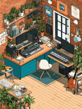 Crafting area features a well-organized home studio with plants, musical equipment, and workspace, creating an inviting atmosphere for creativity.の素材