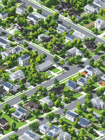 Detailed isometric map showcases a sustainable neighborhood with homes equipped with solar panels, surrounded by trees and greenery.の素材