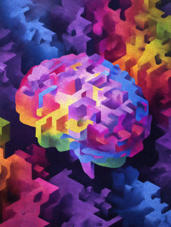 Colorful abstract brain features a glowing puzzle ribbon in the center, symbolizing the complexity of thought with geometric shapes and vibrant hues.の素材