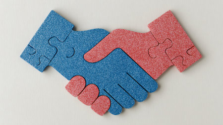 Colorful puzzle pieces shaped like hands are clasped together, representing partnership and teamwork with a simple and clean backdrop.の素材