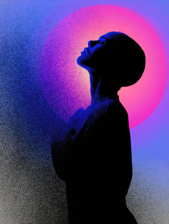 A person breathes deeply while standing in a glowing abstract circle, embracing tranquility and self-reflection during a serene moment at dusk.の素材