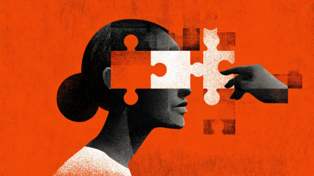 A womans profile features puzzle pieces interacting creatively, symbolizing the unlocking of thoughts and ideas, set against an orange background.の素材