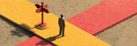 A person stands at an intersection featuring multiple career path signs, pondering their future choices in a distinct clay style environment.の素材