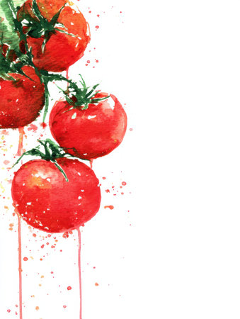 Bright red watercolor tomatoes showcase intricate details, embodying fresh produces essence against a stark white background.の素材