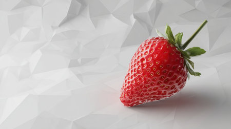 Polygonal strawberry rests against a smooth, monochrome background, accentuating its vibrant red color and intricate details of its surface and foliage.の素材