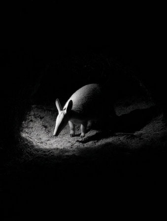 Aardvark engages in nocturnal digging, illuminated by soft light that creates dramatic shadows, showing its unique features and earthy surroundings.の素材