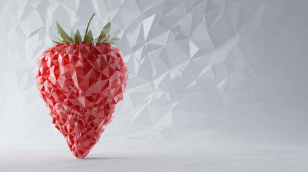 A vibrant 3D polygonal strawberry displays a unique geometric design against a soft monochrome backdrop, enhancing its color and shape.の素材