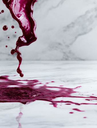 A dynamic splash of beet juice is artistically spread across a smooth white marble surface, with clear space around enhancing the vivid colors.の素材