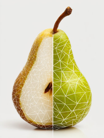 Abstract representation of a pear slice cut into geometric tiles, displaying a clean right zone. The contrasting colors highlight the elegant design and form.の素材