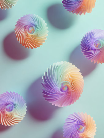 Vivid spirals resembling fruit elements dance across a soft pastel background while creating enchanting shadows that add depth and fun to the scene.の素材