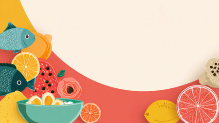 An engaging design showing the concept of pet nutrition, including various fruits, fish, and bowls with plenty of space for text or ideas.の素材
