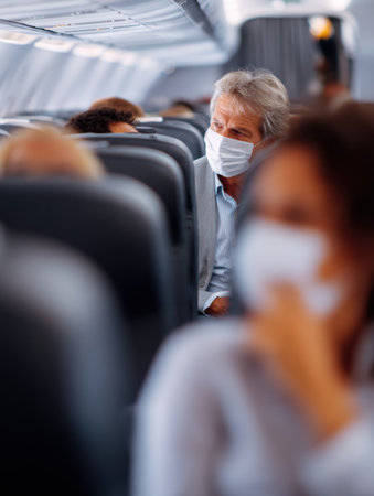 A passenger in a mask coughs while seated inside an airplane during a flight, surrounded by blurred fellow travelers.の素材