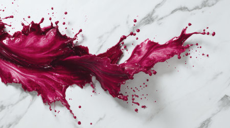 A striking splash of beet juice flows gracefully across a white marble surface, showing vivid colors and dynamic movement with a clear side space.の素材
