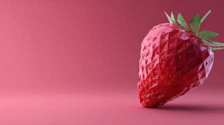 3D polygonal strawberry stands out against a monochrome pink background, highlighting its faceted texture and detailed leaf design without distraction.の素材