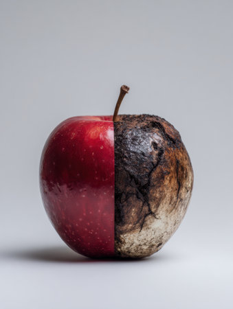 Contrasting halves of a fresh red apple and a decayed apple illustrate the cycle of life and decay, emphasizing the beauty in imperfection and change.の素材