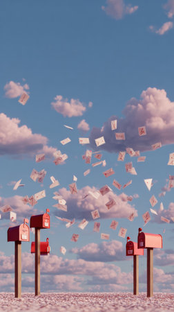 Bright animated mailboxes are surrounded by a flurry of letters soaring through a clear blue sky, evoking a sense of joyful communication and movement.の素材