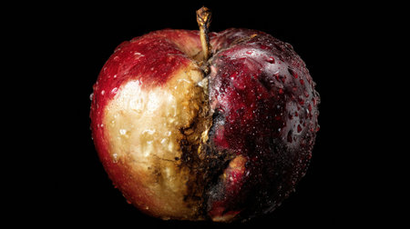 The contrast of a vibrant fresh apple and a decaying one illustrates the themes of freshness versus decay, highlighting the struggles of existence.の素材
