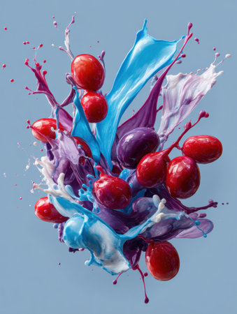 Bright reds and cool blues blend together as an artistic paint splash forms a striking representation of berries, evoking a sense of energy and creativity.の素材