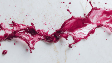 Bright beet juice splashes artistically across a white marble surface, creating a vibrant contrast that highlights the clean background area.の素材