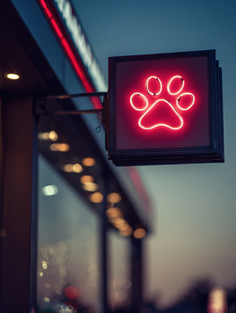 Softly glowing sign of an animal hospital lights up the night, creating a welcoming atmosphere for pet owners seeking medical help for their furry friends.の素材