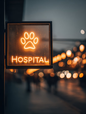Softly glowing animal hospital sign illuminates the night with a clear foreground and beautiful bokeh lights in the background creating a welcoming atmosphere.の素材