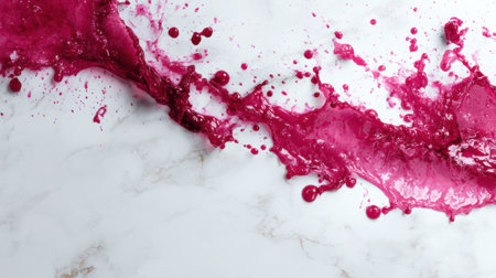 Beet juice splashes across a smooth marble surface, showing a lively contrast between deep red and crisp white, with clear space available.の素材
