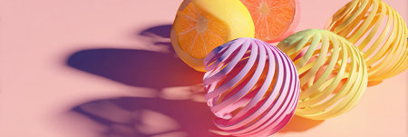 Three spiraled fruit designs in warm tones rest against a soft pastel backdrop, casting intricate shadows that enhance their playful aesthetic.の素材