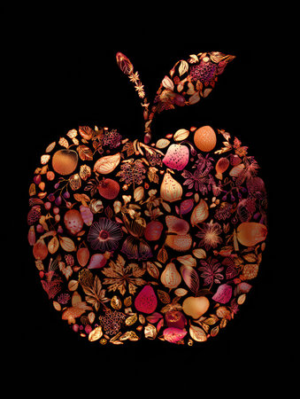 Silhouette of an apple core filled with seasonal fruit patterns highlights a colorful arrangement that celebrates the diversity of natures harvest.の素材