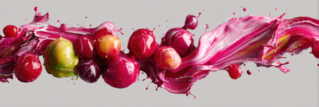 Colorful paint splashes form an abstract representation of berries, showing vivid hues and fluid movement that embodies creativity and artistic expression.の素材