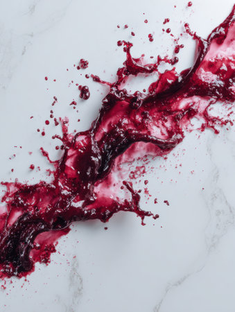 Beet juice creates a vibrant splash across a white marble surface, with clean space on the side enhancing the visual impact of the colors.の素材