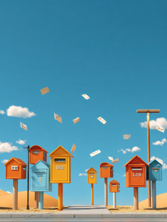 Animated mailboxes in vibrant colors feature letters soaring in and out against a bright blue sky and a sandy desert background, highlighting playful activity.の素材