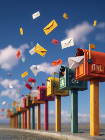 Colorful animated mailboxes are busy as letters fly in and out under a vibrant sky, creating an engaging display of mail activity against an empty backdrop.の素材