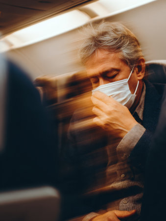 A passenger on an airplane is seen coughing while wearing a mask, highlighting health precautions taken during travel amid illness concerns and safety measures.の素材