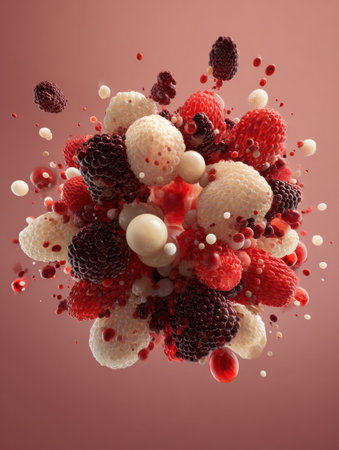 A colorful burst of assorted berries displays rich reds, whites, and blacks, creating an energetic composition with an open center featuring intricate details.の素材