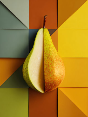 Pear slice displayed on geometric tiles featuring lively colors, highlighting the fresh fruit in an artistic arrangement with a polished look.の素材