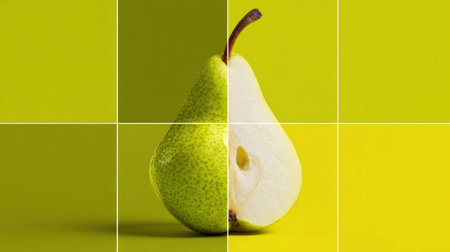 A pear slice is divided into geometric tiles, showing its smooth texture against a vibrant yellow backdrop, creating a playful and fresh composition.の素材