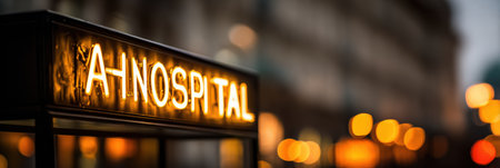 Softly glowing animal hospital sign stands out in the night, offering a comforting presence as it lights up the quiet street.の素材