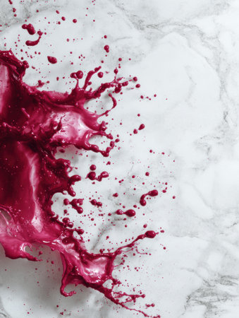 Vibrant beet juice creates an artistic splash across a pristine white marble surface, highlighting the rich color and smooth texture in a captivating display.の素材