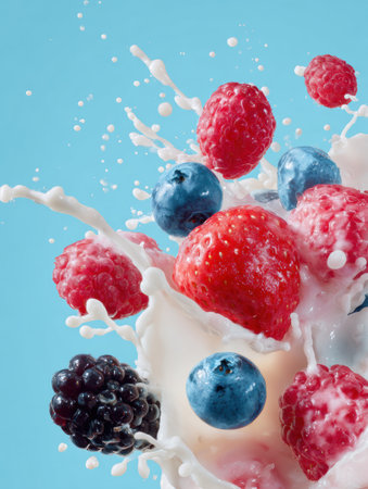 A vibrant mix of strawberries, blueberries, and blackberries splashes in milk, bringing freshness and fun to a bright backdrop.の素材
