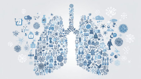 Abstract representation of cold symptoms using various medical icons arranged around lung shapes, highlighting key information with a blank space for notes.の素材