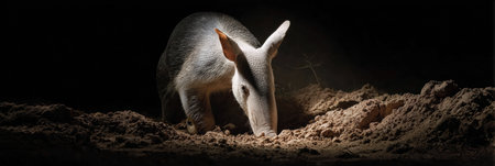 Aardvark engages in digging behavior at night, creating shadows while exploring the sandy terrain under a night sky.の素材