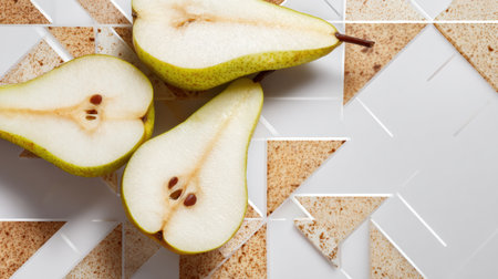 Abstract pear slice is intricately arranged on geometric tiles, with a clean space visible in the right zone, showing vibrant colors and shapes.の素材