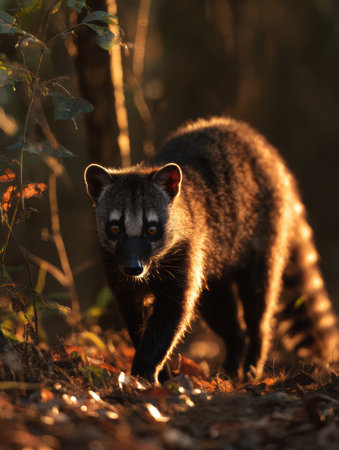 An African civet walks gracefully in dappled golden light, surrounded by lush foliage in a serene forest atmosphere during early evening.の素材